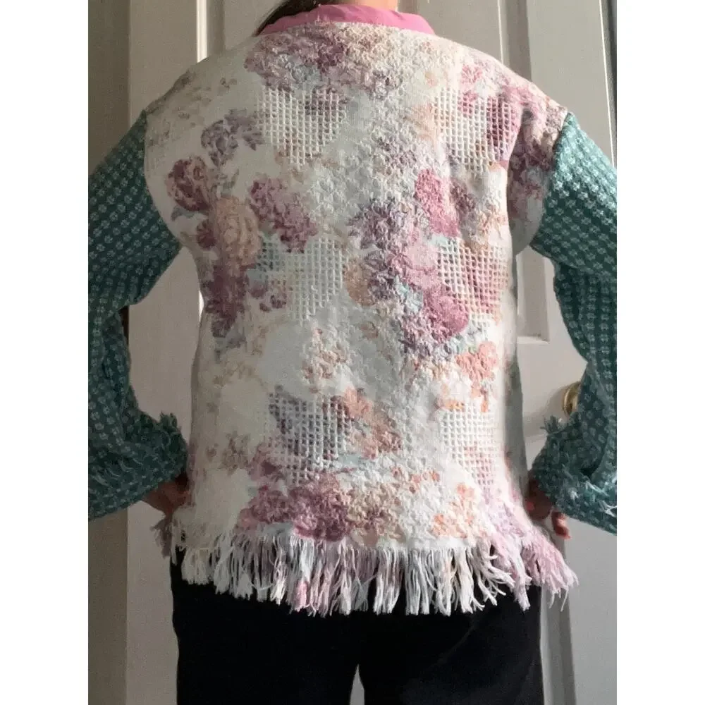 Tapestry crewneck floral pattern, upcycled blanket w fringe, Handmade Med